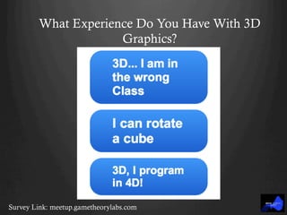 What Experience Do You Have With 3D
Graphics?
Survey Link: meetup.gametheorylabs.com
 