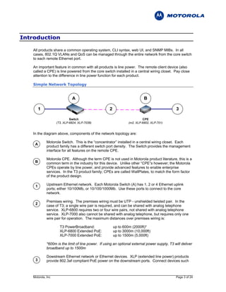 Introduction

   All products share a common operating system, CLI syntax, web UI, and SNMP MIBs. In all
   cases, 802.1Q VLANs and QoS can be managed through the entire network from the core switch
   to each remote Ethernet port.

   An important feature in common with all products is line power. The remote client device (also
   called a CPE) is line powered from the core switch installed in a central wiring closet. Pay close
   attention to the difference in line power function for each product.

   Simple Network Topology




   In the diagram above, components of the network topology are:

             Motorola Switch. This is the “concentrator” installed in a central wiring closet. Each
    A
             product family has a different switch port density. The Switch provides the management
             interface for all features on the remote CPE.

             Motorola CPE. Although the term CPE is not used in Motorola product literature, this is a
    B        common term in the industry for this device. Unlike other “CPE”s however; the Motorola
             CPEs operate by line power, and provide advanced features to enable enterprise
             services. In the T3 product family; CPEs are called WallPlates, to match the form factor
             of the product design.

    1        Upstream Ethernet network. Each Motorola Switch (A) has 1, 2 or 4 Ethernet uplink
             ports; either 10/100Mb, or 10/100/1000Mb. Use these ports to connect to the core
             network.

             Premises wiring. The premises wiring must be UTP - unshielded twisted pair. In the
    2
             case of T3; a single wire pair is required, and can be shared with analog telephone
             service. XLP-6800 requires two or four wire pairs, not shared with analog telephone
             service. XLP-7000 also cannot be shared with analog telephone, but requires only one
             wire pair for operation. The maximum distances over premises wiring is:

                     T3 PowerBroadband:                up to 600m (2000ft)*
                     XLP-6800 Extended PoE:            up to 3000m (10,000ft)
                     XLP-7000 Extended PoE:            up to 1500m (5,000ft)

             *600m is the limit of line power. If using an optional external power supply, T3 will deliver
             broadband up to 1500m

             Dowstream Ethernet network or Ethernet devices. XLP (extended line power) products
    3        provide 802.3af compliant PoE power on the downstream ports. Connect devices such



   Motorola, Inc                                                                               Page 3 of 24
 