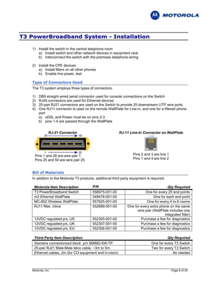 T3 PowerBroadband System - Installation

   1) Install the switch in the central telephone room
      a) Install switch and other network devices in equipment rack
      b) Interconnect the switch with the premises telephone wiring

   2) Install the CPE devices
      a) Install filters on all other phones
      b) Enable line power, test

   Type of Connectors Used
   The T3 system employs three types of connectors.

   1)   DB9 straight wired serial connector used for console connections on the Switch
   2)   RJ45 connectors are used for Ethernet devices
   3)   25-pair RJ21 connectors are used on the Switch to provide 25 downstream UTP wire ports
   4)   One RJ11 connector is used on the remote WallPlate for Line-in, and one for a filtered phone
        port
        a) xDSL and Power must be on pins 2-3
        b) pins 1-4 are passed through the WallPlate


               RJ-21 Connector                             RJ-11 Line-In Connector on WallPlate




     Pins 1 and 26 are wire pair 1                                  Pins 2 and 3 are line 1
     Pins 25 and 50 are wire pair 25                                Pins 1 and 4 are line 2


   Bill of Materials
   In addition to the Motorola T3 products, additional third party equipment is required.

    Motorola Item Description             P/N                                             Qty Required
    T3 PowerBroadband Switch              558975-001-00                    One for every 25 end points
    m2 Ethernet WallPlate                 548478-001-00                          One for each end point
    MC-802 Wireless WallPlate             557925-001-00                     One for every 4 to 6 rooms
    RJ11 filter, inline                   552689-001-00         One for every extra phone on the same
                                                                      wire pair (WallPlate includes one
                                                                                        integrated filter)
    12VDC regulated p/s, US               552305-001-00                 Purchase a few for diagnostics
    12VDC regulated p/s, UK               552307-001-00                 Purchase a few for diagnostics
    12VDC regulated p/s, EU               552306-001-00                 Purchase a few for diagnostics

    Third Party Item Description                                                          Qty Required
    Siemens connectorized block p/n S66M2-5W-TP                                 One for every T3 Switch
    25-pair RJ21 Male-Male telco cable, ~3m to 5m                               Two for every T3 Switch
    Ethernet cables, 2m (for CO equipment and in-room)                                       As needed



   Motorola, Inc                                                                              Page 8 of 24
 