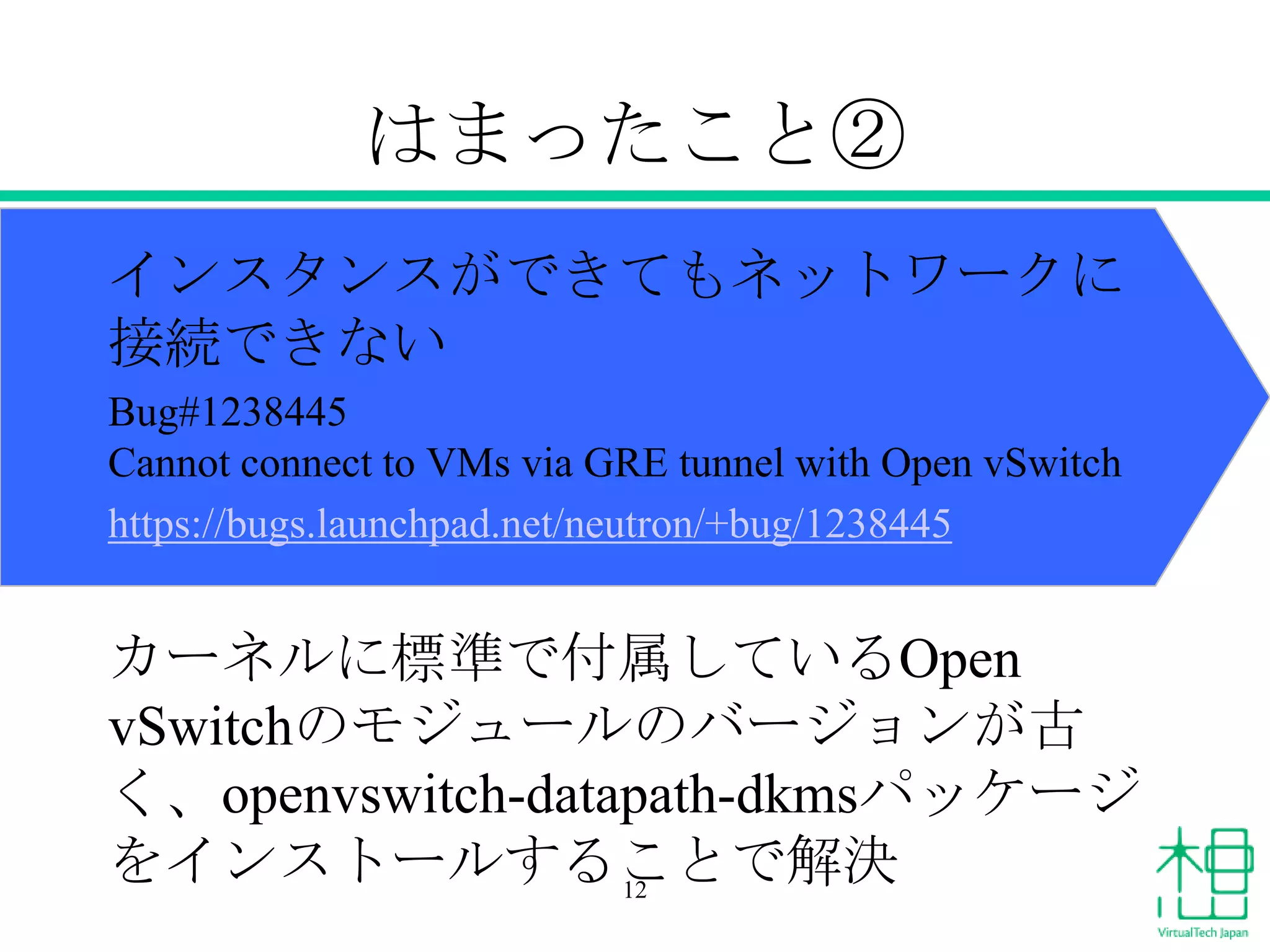はまったこと②
インスタンスができてもネットワークに
接続できない
Bug#1238445
Cannot connect to VMs via GRE tunnel with Open vSwitch
https://bugs.launchpad.net/neutron/+bug/1238445

カーネルに標準で付属しているOpen
vSwitchのモジュールのバージョンが古
く、openvswitch-datapath-dkmsパッケージ
をインストールすることで解決
12

 