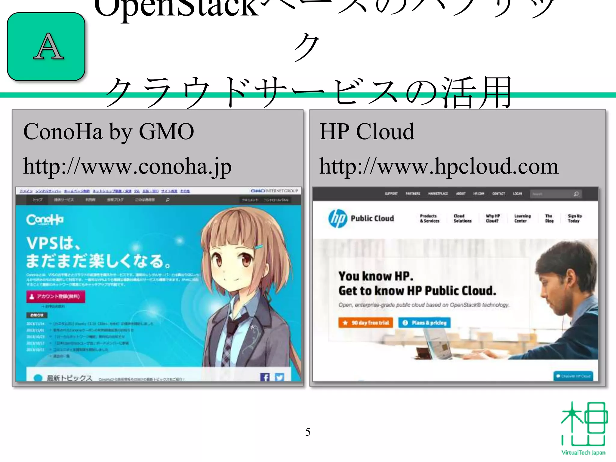 OpenStackベースのパブリッ
ク
クラウドサービスの活用
ConoHa by GMO
http://www.conoha.jp

HP Cloud
http://www.hpcloud.com

5

 