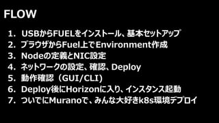FLOW
1. USBからFUELをインストール、基本セットアップ
2. ブラウザからFuel上でEnvironment作成
3. Nodeの定義とNIC設定
4. ネットワークの設定、確認、Deploy
5. 動作確認（GUI/CLI)
6. Deploy後にHorizonに入り、インスタンス起動
7. ついでにMuranoで、みんな大好きk8s環境デプロイ
 