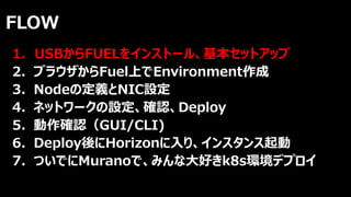 FLOW
1. USBからFUELをインストール、基本セットアップ
2. ブラウザからFuel上でEnvironment作成
3. Nodeの定義とNIC設定
4. ネットワークの設定、確認、Deploy
5. 動作確認（GUI/CLI)
6. Deploy後にHorizonに入り、インスタンス起動
7. ついでにMuranoで、みんな大好きk8s環境デプロイ
 