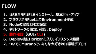 FLOW
1. USBからFUELをインストール、基本セットアップ
2. ブラウザからFuel上でEnvironment作成
3. Nodeの定義とNIC設定
4. ネットワークの設定、確認、Deploy
5. 動作確認（GUI/CLI)
6. Deploy後にHorizonに入り、インスタンス起動
7. ついでにMuranoで、みんな大好きk8s環境デプロイ
 