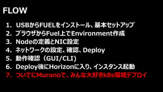 FLOW
1. USBからFUELをインストール、基本セットアップ
2. ブラウザからFuel上でEnvironment作成
3. Nodeの定義とNIC設定
4. ネットワークの設定、確認、Deploy
5. 動作確認（GUI/CLI)
6. Deploy後にHorizonに入り、インスタンス起動
7. ついでにMuranoで、みんな大好きk8s環境デプロイ
 