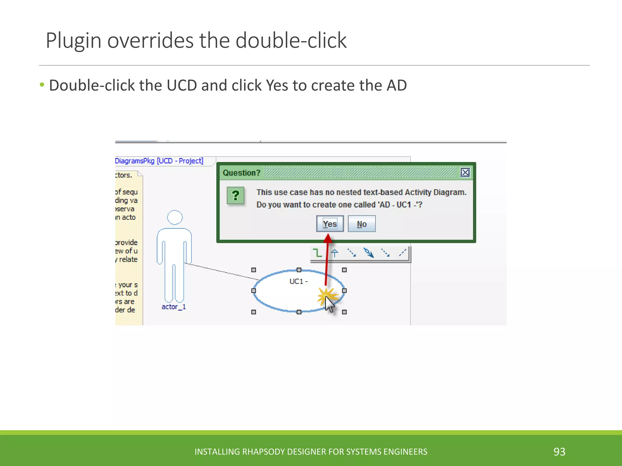 Plugin overrides the double-click
• Double-click the UCD and click Yes to create the AD
INSTALLING RHAPSODY DESIGNER FOR SYSTEMS ENGINEERS 93
 
