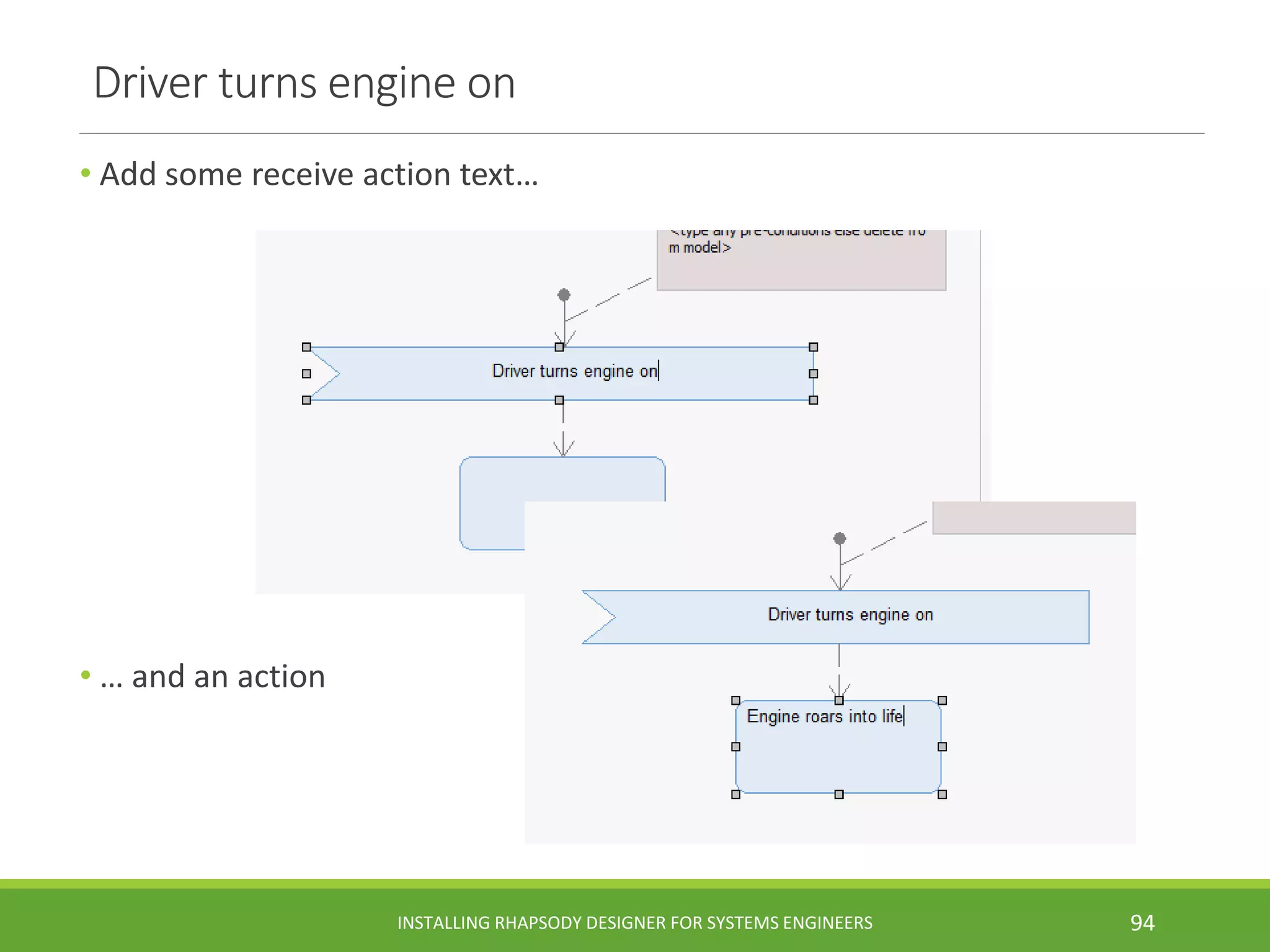 Driver turns engine on
• Add some receive action text…
• … and an action
INSTALLING RHAPSODY DESIGNER FOR SYSTEMS ENGINEERS 94
 