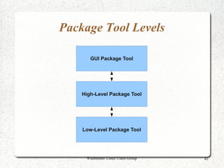 Package Tool Levels

       GUI Package Tool




    High-Level Package Tool




    Low-Level Package Tool




     Washtenaw Linux Users Group   42
 