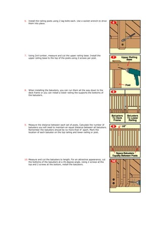 6. Install the railing posts using 2 lag bolts each. Use a socket wrench to drive
them into place.
7. Using 2x4 lumber, measure and cut the upper railing base. Install the
upper railing base to the top of the posts using 2 screws per post.
8. When installing the balusters, you can run them all the way down to the
deck frame or you can install a lower railing the supports the bottoms of
the balusters.
9. Measure the distance between each set of posts. Calculate the number of
balusters you will need to maintain an equal distance between all balusters.
Remember the balusters should be no more than 6" apart. Mark the
location of each baluster on the top railing and lower railing or joist.
10. Measure and cut the balusters to length. For an attractive appearance, cut
the bottoms of the balusters at a 45-degree angle. Using 2 screws at the
top and 2 screws at the bottom, install the balusters.
 