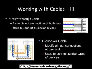 Working with Cables – III
• Straight through Cable
   – Same pin out connections at both ends
   – Used to connect dissimilar devices



                           Crossover Cable
                               Modify pin out connections
                                at one end
                               Used to connect similar types
                                of devices
 