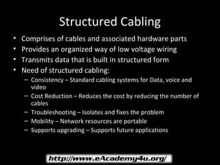Structured Cabling
•   Comprises of cables and associated hardware parts
•   Provides an organized way of low voltage wiring
•   Transmits data that is built in structured form
•   Need of structured cabling:
    – Consistency – Standard cabling systems for Data, voice and
      video
    – Cost Reduction – Reduces the cost by reducing the number of
      cables
    – Troubleshooting – Isolates and fixes the problem
    – Mobility – Network resources are portable
    – Supports upgrading – Supports future applications
 