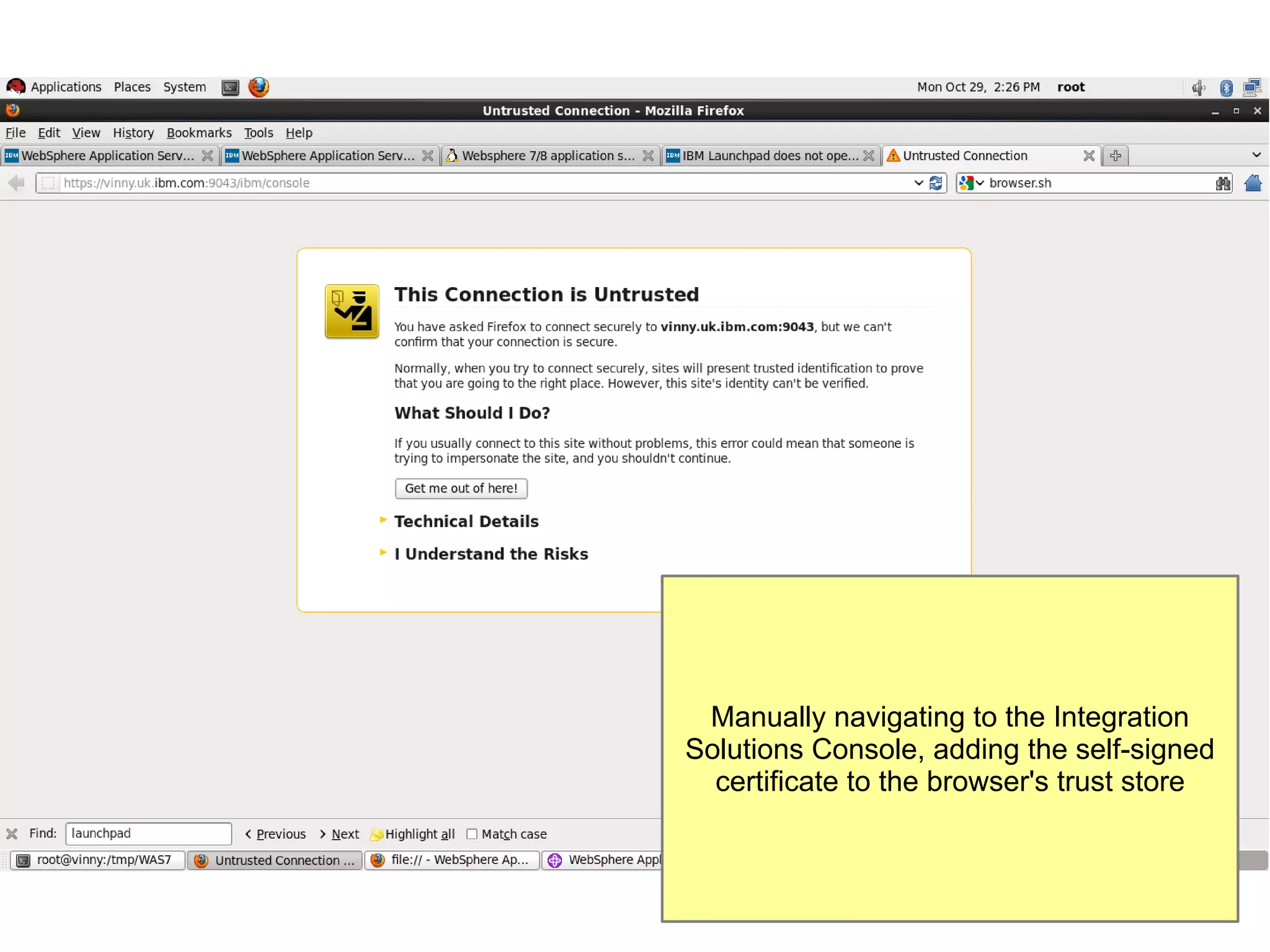 Manually navigating to the Integration
Solutions Console, adding the self-signed
certificate to the browser's trust store

 