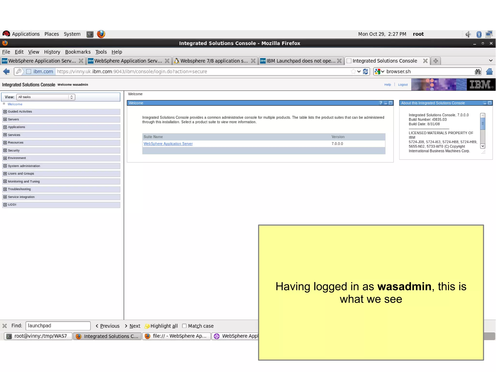 Having logged in as wasadmin, this is
what we see

 