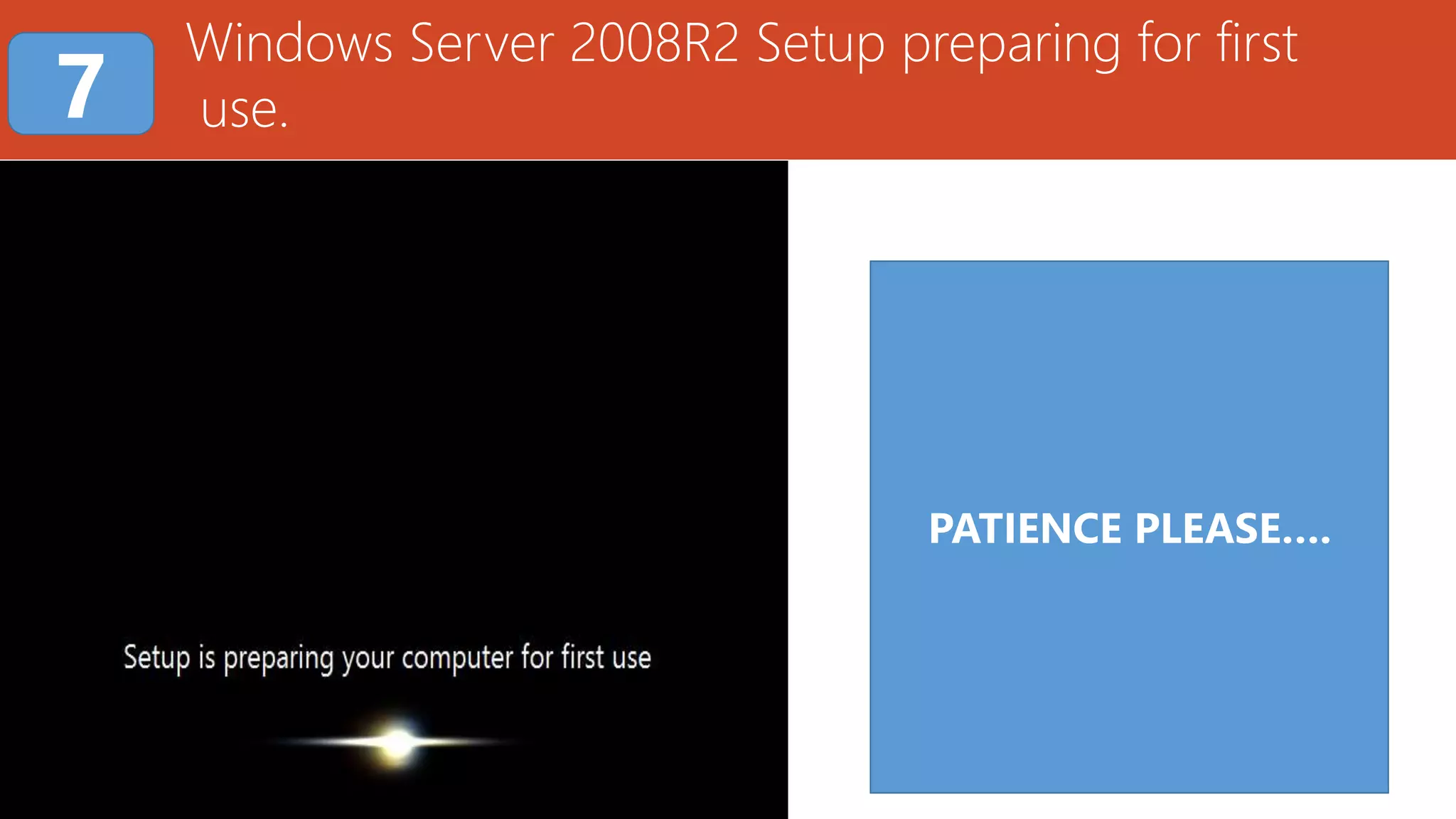 Windows Server 2008R2 Setup preparing for first
use.7
PATIENCE PLEASE….
 