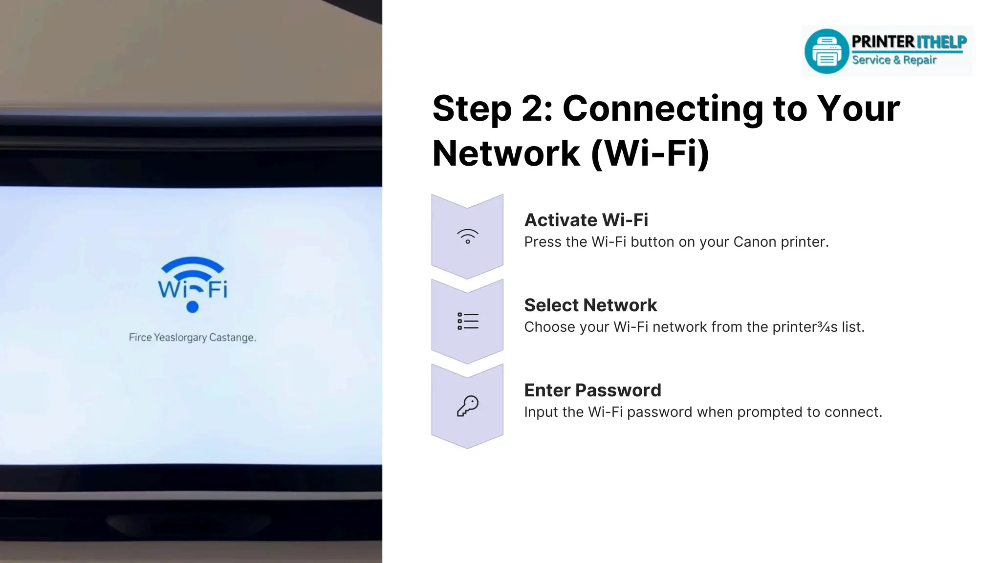 Step2:ConnectingtoYour
Network(Wi-Fi)
ActivateWi-Fi
PresstheWi-FibuttononyourCanonprinter.
SelectNetwork
ChooseyourWi-Finetworkfromtheprinter¾slist.
EnterPassword
InputtheWi-Fipasswordwhenpromptedtoconnect.
 