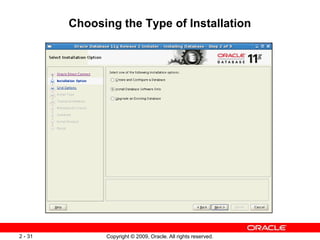 Copyright © 2009, Oracle. All rights reserved.
2 - 31
Choosing the Type of Installation
 