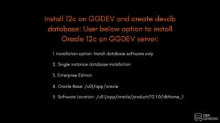 Install 12c on GGDEV and create devdb
database: User below option to install
Oracle 12c on GGDEV server:
1. Installation option: Install database software only
2. Single instance database installation
3. Enterprise Edition
4. Oracle Base: /u01/app/oracle
5. Software Location: /u01/app/oracle/product/12.1.0/dbhome_1
 