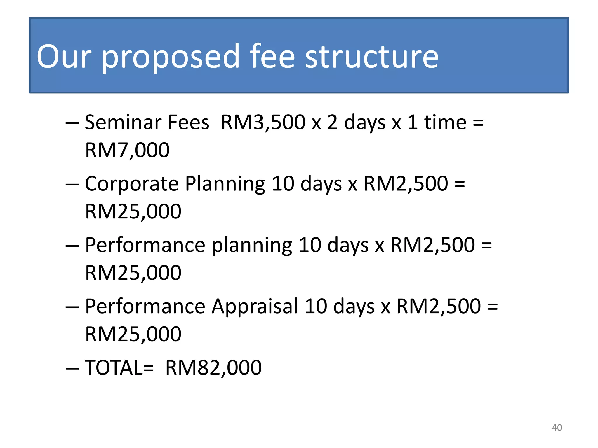 Our proposed fee structure
 – Seminar Fees RM3,500 x 2 days x 1 time =
   RM7,000
 – Corporate Planning 10 days x RM2,500 =
   RM25,000
 – Performance planning 10 days x RM2,500 =
   RM25,000
 – Performance Appraisal 10 days x RM2,500 =
   RM25,000
 – TOTAL= RM82,000

                                               40
 