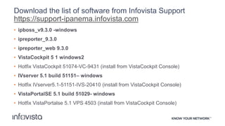 Download the list of software from Infovista Support
https://support-ipanema.infovista.com
• ipboss_v9.3.0 -windows
• ipreporter_9.3.0
• ipreporter_web 9.3.0
• VistaCockpit 5 1 windows2
• Hotfix VistaCockpit 51074-VC-9431 (install from VistaCockpit Console)
• IVserver 5.1 build 51151– windows
• Hotfix IVserver5.1-51151-IVS-20410 (install from VistaCockpit Console)
• VistaPortalSE 5.1 build 51029- windows
• Hotfix VistaPortalse 5.1 VPS 4503 (install from VistaCockpit Console)
 