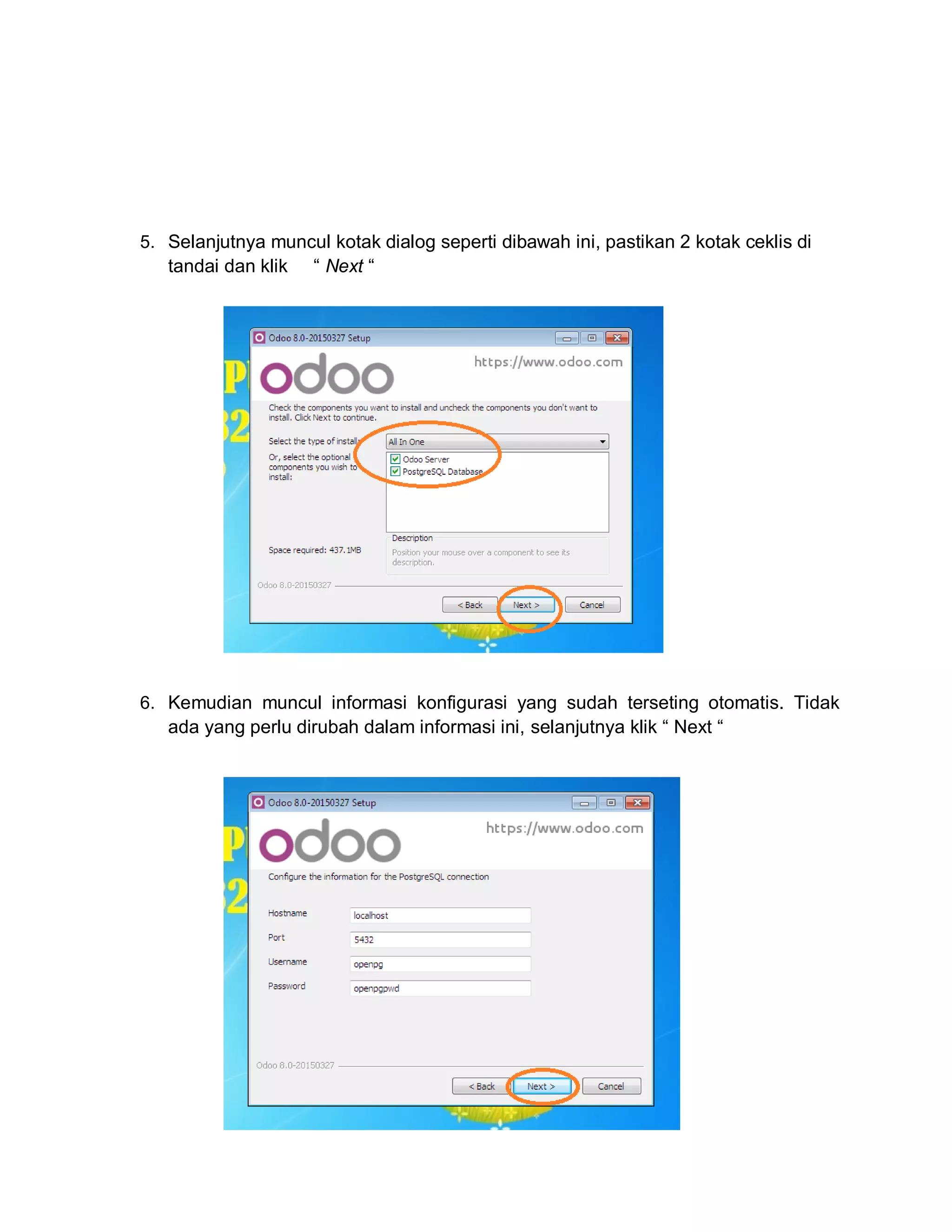 5. Selanjutnya muncul kotak dialog seperti dibawah ini, pastikan 2 kotak ceklis di
tandai dan klik “ Next “
6. Kemudian muncul informasi konfigurasi yang sudah terseting otomatis. Tidak
ada yang perlu dirubah dalam informasi ini, selanjutnya klik “ Next “
 