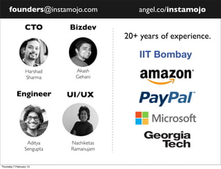 founders@instamojo.com                  angel.co/instamojo

                  CTO        Bizdev
                                          20+ years of experience.



                  Harshad     Akash
                  Sharma      Gehani


           Engineer          UI/UX




                   Aditya    Nachiketas
                  Sengupta   Ramanujam


Thursday 7 February 13
 