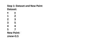 Step 1: Dataset and New Point
Dataset:
x y
1 2
2 3
3 5
4 4
5 7
New Point:
𝑥new=3.5
 