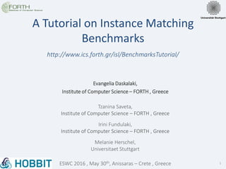 1
A Tutorial on Instance Matching
Benchmarks
Evangelia Daskalaki,
Institute of Computer Science – FORTH , Greece
Tzanina Saveta,
Institute of Computer Science – FORTH , Greece
Irini Fundulaki,
Institute of Computer Science – FORTH , Greece
Melanie Herschel,
Universitaet Stuttgart
ESWC 2016 , May 30th, Anissaras – Crete , Greece
http://www.ics.forth.gr/isl/BenchmarksTutorial/
 