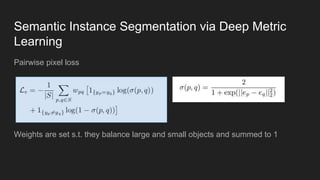 Semantic Instance Segmentation via Deep Metric
Learning
Pairwise pixel loss
Weights are set s.t. they balance large and small objects and summed to 1
 