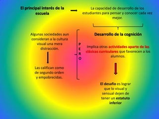 El principal interés de la              La capacidad de desarrollo de los
         escuela                   estudiantes para pensar y conocer cada vez
                                                     mejor.



     Algunas sociedades aun               Desarrollo de la cognición
     consideran a la cultura
         visual una mera       P
            distracción.              Implica otras actividades aparte de las
                               E
                                     clásicas curriculares que favorecen a los
                               R
                                                     alumnos.
                               O

        Las califican como
        de segundo orden
         y empobrecidas.
                                              El desafío es lograr
                                                 que lo visual y
                                                sensual dejen de
                                               tener un estatuto
                                                    inferior
 