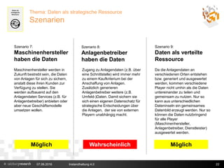07.06.2016 Instandhaltung 4.0 22
Thema: Daten als strategische Ressource
Szenarien
Szenario 9:
Daten als verteilte
Ressource
Szenario 7:
Maschinenhersteller
haben die Daten
Szenario 8:
Anlagenbetreiber
haben die Daten
Maschinenhersteller werden in
Zukunft bestrebt sein, die Daten
von Anlagen für sich zu sichern,
anstatt diese ihren Kunden zur
Verfügung zu stellen. Sie
werden aufbauend auf den
Anlagendaten Services (z.B. für
Anlagenbetreiber) anbieten oder
aber neue Geschäftsmodelle
umsetzen wollen.
Zugang zu Anlagendaten (z.B. über
eine Schnittstelle) wird immer mehr
zu einem Kaufkriterium bei der
Anschaffung von Anlagen.
Zusätzlich generieren
Anlagenbetreiber weitere (z.B.
Umfeld-)Daten. Damit sichern sie
sich einen eigenen Datenschatz für
strategische Entscheidungen über
die Anlagen, der sie von externen
Playern unabhängig macht.
Da die Anlagendaten an
verschiedenen Orten entstehen
bzw. generiert und ausgewertet
werden, kommen verschiedene
Player nicht umhin als die Daten
untereinander zu teilen und
gemeinsam zu nutzen. Nur so
kann aus unterschiedlichen
Dateninseln ein gemeinsames
Datenbild erzeugt werden. Nur so
können die Daten nutzbringend
für alle Player
(Maschinenhersteller,
Anlagenbetreiber, Dienstleister)
ausgewertet werden.
WahrscheinlichMöglich Möglich
 