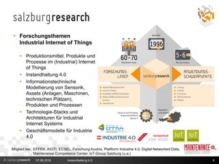  Forschungsthemen
Industrial Internet of Things
 Produktionsmittel, Produkte und
Prozesse im (Industrial) Internet
of Things
 Instandhaltung 4.0
 Informationstechnische
Modellierung von Sensorik,
Assets (Anlagen, Maschinen,
technischen Plätzen),
Produkten und Prozessen
 Technologie-Stacks und
Architekturen für Industrial
Internet Systems
 Geschäftsmodelle für Industrie
4.0
07.06.2016 Instandhaltung 4.0 6
Mitglied bei: EFFRA, AIOTI, ECSEL, Forschung Austria, Plattform Industrie 4.0, Digital Networked Data,
Maintenance Competence Center, IoT-Group Salzburg (u.a.)
 