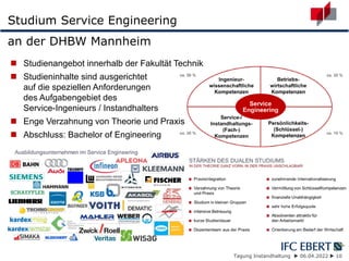 Tagung Instandhaltung  06.04.2022  10
Studium Service Engineering
an der DHBW Mannheim
 Studienangebot innerhalb der Fakultät Technik
 Studieninhalte sind ausgerichtet
auf die speziellen Anforderungen
des Aufgabengebiet des
Service-Ingenieurs / Instandhalters
 Enge Verzahnung von Theorie und Praxis
 Abschluss: Bachelor of Engineering
 
