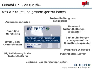 Tagung Instandhaltung  06.04.2022  2
Erstmal ein Blick zurück…
was wir heute und gestern gelernt haben
Anlagenmonitoring
Instandhaltung neu
aufgestellt
Kennzahl
Instandhaltungs-
Intensität
Instandhaltungs-
management im
Dienstleistungsektor
Prädiktive Diagnose
Condition
Monitoring
Umbau von
Altmaschienen
Digitalisierung in der
Instandhaltung
Maschinelles Lernen
Vertrags- und Sorgfaltspflichten
 