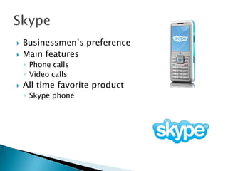 Businessmen’s preferenceMain featuresPhone callsVideo callsAll time favorite productSkype phoneSkype