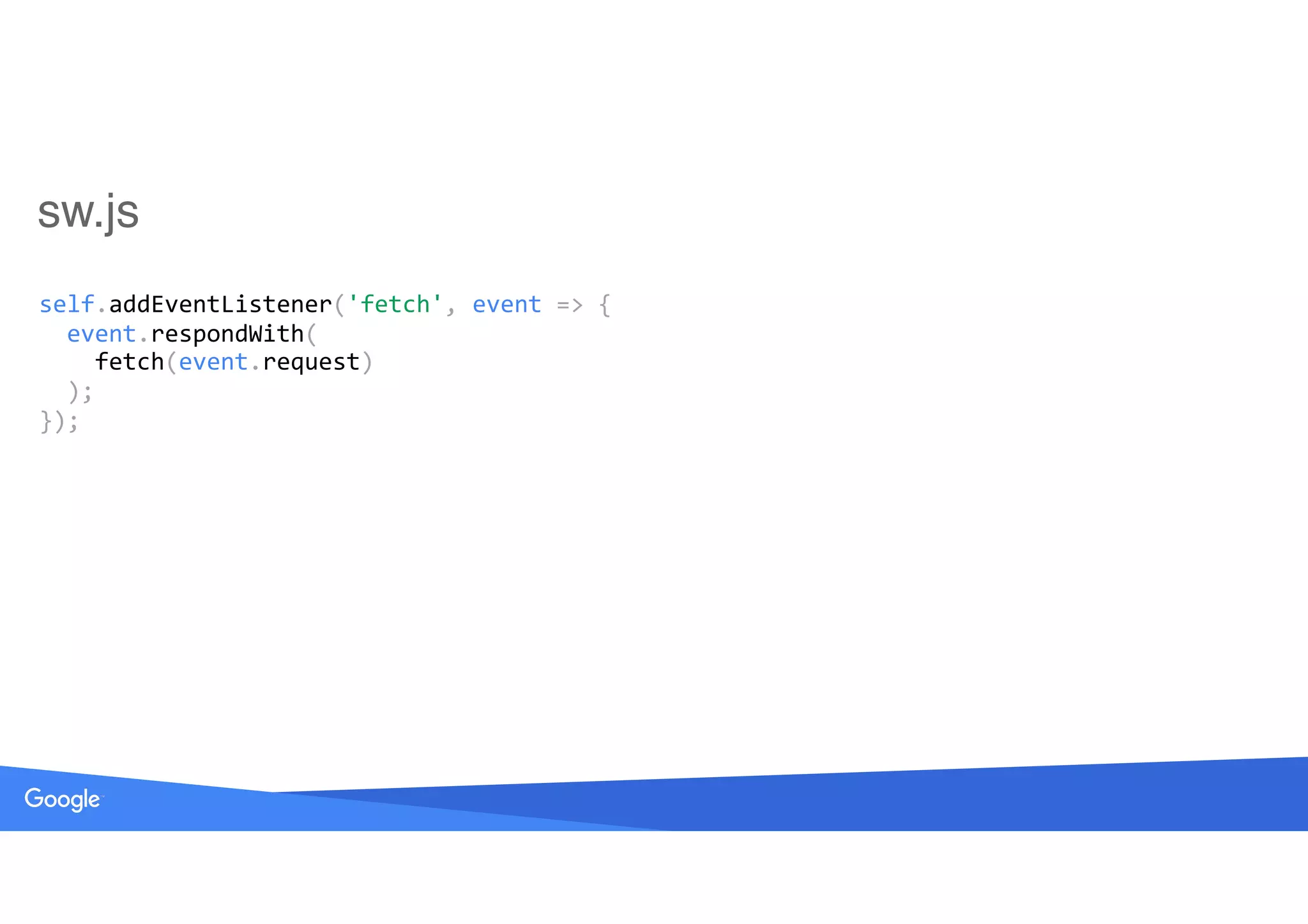 sw.js
self.addEventListener('fetch',	event	=>	{ 
		event.respondWith( 
				fetch(event.request) 
		); 
});
 