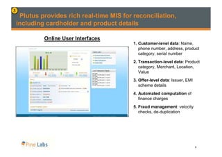 3
     Plutus provides rich real-time MIS for reconciliation,
    including cardholder and product details

             Online User Interfaces
                                            1. Customer-level data: Name,
                                               phone number, address, product
                                               category, serial number
                                            2. Transaction-level data: Product
                                               category, Merchant, Location,
                                               Value
                                            3. Offer-level data: Issuer, EMI
                                               scheme details
                                            4. Automated computation of
                                               finance charges
                                            5. Fraud management: velocity
                                               checks, de-duplication




                                                                               8
 