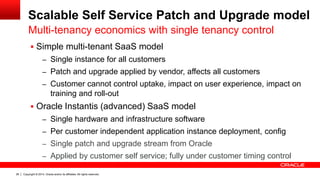 Copyright © 2014, Oracle and/or its affiliates. All rights reserved.26
Scalable Self Service Patch and Upgrade model
 Simple multi-tenant SaaS model
– Single instance for all customers
– Patch and upgrade applied by vendor, affects all customers
– Customer cannot control uptake, impact on user experience, impact on
training and roll-out
 Oracle Instantis (advanced) SaaS model
– Single hardware and infrastructure software
– Per customer independent application instance deployment, config
– Single patch and upgrade stream from Oracle
– Applied by customer self service; fully under customer timing control
Multi-tenancy economics with single tenancy control
 