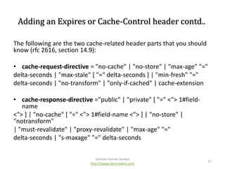 Adding an Expires or Cache-Control header contd..
The following are the two cache-related header parts that you should
know (rfc 2616, section 14.9):
• cache-request-directive = "no-cache" | "no-store" | "max-age" "="
delta-seconds | "max-stale" [ "=" delta-seconds ] | "min-fresh" "="
delta-seconds | "no-transform" | "only-if-cached" | cache-extension
• cache-response-directive ="public" | "private" [ "=" <"> 1#fieldname
<"> ] | "no-cache" [ "=" <"> 1#field-name <"> ] | "no-store" |
"notransform"
| "must-revalidate" | "proxy-revalidate" | "max-age" "="
delta-seconds | "s-maxage" "=" delta-seconds
Sanjeev Kumar Jaiswal
http://www.aliencoders.com

11

 