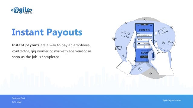 1
Page
www.agilepayments.com
AgilePayments.com
Instant payouts are a way to pay an employee,
contractor, gig worker or marketplace vendor as
soon as the job is completed.
Business Deck
June 2022
 
