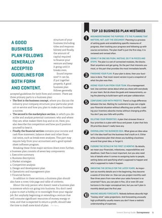 Instant Startup Guide Entrepreneur |5
A GOOD
BUSINESS
PLAN FOLLOWS
GENERALLY
ACCEPTED
GUIDELINES FOR
BOTH FORM
AND CONTENT.
TOP 10 BUSINESS PLAN MISTAKES
MISUNDERSTANDING THE PURPOSE: IT’S THE PLANNING THAT
MATTERS, NOT JUST THE DOCUMENT. Planning is a process
of setting goals and establishing specific measures of
progress, then tracking your progress and following up with
course corrections. The plan itself is just the first step; it is
reviewed and revised often.
DOING IT IN ONE BIG PUSH; INSTEAD, DO IT IN PIECES AND
STEPS. The plan is a set of connected modules, like blocks.
Start anywhere and get going. Do the part that interests you
most, or the part that provides the most immediate benefit.
FINISHING YOUR PLAN. If your plan is done, then your busi-
ness is done. That most recent version is just a snapshot of
what the plan was then.
HIDING YOUR PLAN FROM YOUR TEAM. It’s a management
tool. Use common sense about what you share with everybody
on your team. But do share the goals and measurements, us-
ing the planning to build team spirit and peer collaboration.
CONFUSING CASH WITH PROFITS. There’s a huge difference
between the two. Waiting for customers to pay can cripple
your financial situation without affecting your profits. Load-
ing your inventory absorbs money without changing profits.
You don’t pay your bills with profits.
DILUTING YOUR PRIORITIES. A plan that stresses three or
four priorities is a plan with focus and power. A plan that lists
20 priorities doesn’t really have any.
OVERVALUING THE BUSINESS IDEA. What gives an idea value
isn’t the idea itself but the business that’s built on it. Either
write a business plan that shows you building a business
around that great idea, or forget it.
FUDGING THE DETAILS IN THE FIRST 12 MONTHS. By details,
we mean your financials, milestones, responsibilities and
deadlines. Cash flow is most important, but you also need
lots of details when it comes to assigning tasks to people,
setting dates and specifying what’s supposed to happen and
who’s supposed to make it happen.
SWEATING THE DETAILS FOR THE LATER YEARS. As impor-
tant as monthly details are in the beginning, they become
a waste of time later on. How can you project monthly cash
flow three years from now when your sales forecast is so
uncertain? Sure, you can plan in five, 10 or even 20-year
horizons in the major conceptual text, but you can’t plan in
monthly detail past the first year.
MAKING ABSURD FORECASTS. Nobody believes absurdly high
”hockey stick” sales projections. And forecasting unusually
high profitability usually means you don’t have a realistic
understanding of expenses.
➊
➋
➌
➍
➎
➏
➐
➑
➒
➓
structure of your
business (including
titles and responsi-
bilities) and finally,
the amount of
capital required
to finance your
venture and keep
it going until it
breaks even.
Sound impres-
sive? It can be,
if put together
properly. A good
business plan
follows generally
accepted guidelines for both form and content. There are
three primary parts to a business plan:
• The first is the business concept, where you discuss the
industry, your company structure, your particular prod-
uct or service and how you plan to make your business
a success.
• The second is the marketplace section, in which you de-
scribe and analyze potential customers: who and where
they are, what makes them buy and so on. Here, you
also describe the competition and how you’ll position
yourself to beat it.
• Finally, the financial section contains your income and
cash flow statement, balance sheet and other finan-
cial ratios, such as break-even analyses. This part may
require help from your accountant and a good spread-
sheet software program.
Breaking these three major sections down even further,
a business plan consists of seven key components:
1. Executive summary
2. Business description
3. Market strategies
4. Competitive analysis
5. Design and development plan
6. Operations and management plan
7. Financial factors
In addition to these sections, a business plan should
also have a cover, title page and table of contents.
About the only person who doesn’t need a business plan
is someone who’s not going into business. You don’t need
a plan to start a hobby or to moonlight from your regular
job. But anybody beginning or extending a venture that
will consume significant resources of money, energy or
time, and that is expected to return a profit, should take
the time to draft some kind of plan. —Tim Berry
 