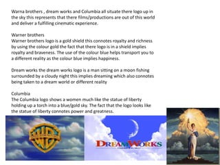 Warna brothers , dream works and Columbia all situate there logo up in
the sky this represents that there films/productions are out of this world
and deliver a fulfilling cinematic experience.
Warner brothers
Warner brothers logo is a gold shield this connotes royalty and richness
by using the colour gold the fact that there logo is in a shield implies
royalty and braveness. The use of the colour blue helps transport you to
a different reality as the colour blue implies happiness.
Dream works the dream works logo is a man sitting on a moon fishing
surrounded by a cloudy night this implies dreaming which also connotes
being taken to a dream world or different reality

Columbia
The Columbia logo shows a women much like the statue of liberty
holding up a torch into a blue/gold sky. The fact that the logo looks like
the statue of liberty connotes power and greatness.

 
