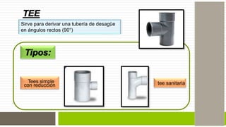 Sirve para derivar una tubería de desagüe 
en ángulos rectos (90°) 
Tees simple 
con reducción tee sanitaria 
 