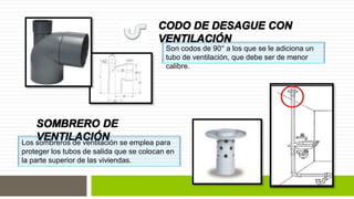 Son codos de 90° a los que se le adiciona un 
tubo de ventilación, que debe ser de menor 
calibre. 
Los sombreros de ventilación se emplea para 
proteger los tubos de salida que se colocan en 
la parte superior de las viviendas. 
 