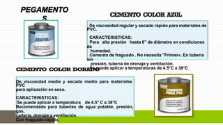 De viscosidad regular y secado rápido para materiales de 
PVC. 
CARACTERISTICAS: 
Para alta presión hasta 6” de diámetro en condiciones 
de 
humedad. 
Cemento de fraguado . No necesita "Primer«. En tubería 
sin 
presión, tubería de drenaje y ventilación. 
Se puede aplicar a temperaturas de 4.5°C a 38°C 
De viscosidad media y secado medio para materiales 
PVC 
para aplicación en seco. 
CARACTERISTICAS: 
Se puede aplicar a temperatura de 4.5° C a 38°C 
Recomendado para tuberías de agua potable, presión, 
gas, 
cañería, drenaje y ventilación. 
Con fraguado rápido. 
 