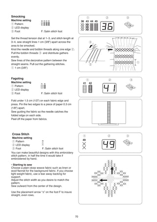 Smocking                                                            q       w       e
Machine setting
q Pattern
w LED display
e Foot                    F: Satin stitch foot

Set the thread tension dial at 1–3, and stitch length at
3–4, sew straight lines 1 cm (3/8") apart across the                    e
area to be smocked.
Knot the needle and bobbin threads along one edge w.
Pull the bobbin threads e and distribute gathers
evenly.
Sew lines of the decorative pattern between the
                                                                                            q
straight seams. Pull out the gathering stitches.                        w
q 1 cm (3/8")



Fagoting                                                            q           w       e
Machine setting
q Pattern
w LED display
e Foot                    F: Satin stitch foot

Fold under 1.5 cm (1/2") on each fabric edge and
press. Pin the two edges to a piece of paper 0.3 cm
(1/8") apart.
Sew guiding the fabric so the needle catches the
folded edge on each side.
Peel off the paper from fabrics.




Cross Stitch
                                                                q           w       e
Machine setting
q Pattern
w LED display
e Foot                     F: Satin stitch foot
You can make beautiful designs with this embroidery
stitch pattern, in half the time it would take if
embroidered by hand.

• Starting to sew
Choose a plain close weave fabric such as linen or
wool flannel for the background fabric. If you choose
light weight fabric, use a tear away backing for
support.
Adjust the stitch width as you desire to match the
pattern.
Sew outward from the center of the design.

Use the placement arrow “∆” on the foot F to insure
straight, even rows.




                                                           70
 