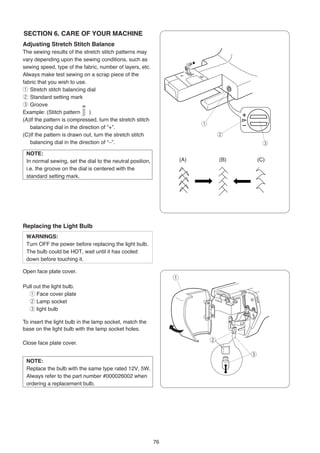 SECTION 6. CARE OF YOUR MACHINE
Adjusting Stretch Stitch Balance
The sewing results of the stretch stitch patterns may
vary depending upon the sewing conditions, such as
sewing speed, type of the fabric, number of layers, etc.
Always make test sewing on a scrap piece of the
fabric that you wish to use.
q Stretch stitch balancing dial
w Standard setting mark
e Groove
Example: (Stitch pattern     )
(A)If the pattern is compressed, turn the stretch stitch
                                                                          q
   balancing dial in the direction of “+”.
(C)If the pattern is drawn out, turn the stretch stitch                           w
   balancing dial in the direction of “–”.                                                    e
 NOTE:
 In normal sewing, set the dial to the neutral position,            (A)           (B)       (C)
 i.e. the groove on the dial is centered with the
 standard setting mark.




Replacing the Light Bulb
 WARNINGS:
 Turn OFF the power before replacing the light bulb.
 The bulb could be HOT, wait until it has cooled
 down before touching it.

Open face plate cover.
                                                                q
Pull out the light bulb.
  q Face cover plate
  w Lamp socket
  e light bulb

To insert the light bulb in the lamp socket, match the
base on the light bulb with the lamp socket holes.

Close face plate cover.                                                       w

                                                                                        e
 NOTE:
 Replace the bulb with the same type rated 12V, 5W.
 Always refer to the part number #000026002 when
 ordering a replacement bulb.




                                                           76
 
