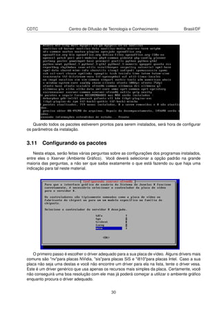 CDTC Centro de Difusão de Tecnologia e Conhecimento Brasil/DF
Quando todos os pacotes estiverem prontos para serem instalados, será hora de conﬁgurar
os parâmetros da instalação.
3.11 Conﬁgurando os pacotes
Nesta etapa, serão feitas várias perguntas sobre as conﬁgurações dos programas instalados,
entre eles o Xserver (Ambiente Gráﬁco). Você deverá selecionar a opção padrão na grande
maioria das perguntas, a não ser que saiba exatamente o que está fazendo ou que haja uma
indicação para tal neste material.
O primeiro passo é escolher o driver adequado para a sua placa de vídeo. Alguns drivers mais
comuns são "nv"para placas NVidia, "sis"para placas SiS e "i810"para placas Intel. Caso a sua
placa não seja uma destas e você não encontre um driver para ela na lista, tente o driver vesa.
Este é um driver genérico que usa apenas os recursos mais simples da placa. Certamente, você
não conseguirá uma boa resolução com ele mas já poderá começar a utilizar o ambiente gráﬁco
enquanto procura o driver adequado.
30
 