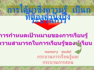 การได้มาซึ่งความรู้  เป็นกระบวนการ ที่ต้องคำนึงถึง memory  model กระบวนการเรียนรู้และ กระบวนการสอน 1.  การกำหนดเป้าหมายของการเรียนรู้ 2.  ความสามารถในการเรียนรู้ของผู้เรียน 