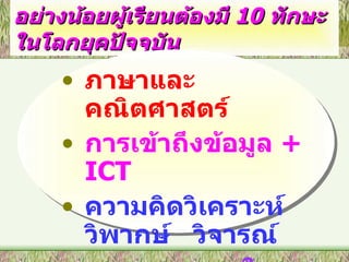 อย่างน้อยผู้เรียนต้องมี  10  ทักษะ ในโลกยุคปัจจุบัน ภาษาและคณิตศาสตร์ การเข้าถึงข้อมูล  +  ICT ความคิดวิเคราะห์  วิพากษ์   วิจารณ์ ความสามารถในการสื่อสาร 