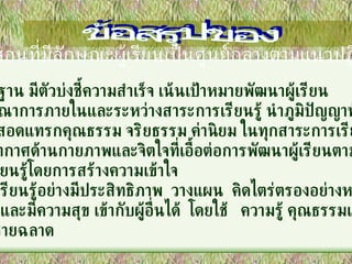 ข้อสรุปของ การเรียนการสอนที่มีลักษณะผู้เรียนเป็นศูนย์กลางตามแนวปฏิรูปการเรียนรู้ ยึดมาตรฐาน มีตัวบ่งชี้ความสำเร็จ เน้นเป้าหมายพัฒนาผู้เรียน มีการบูรณาการภายในและระหว่างสาระการเรียนรู้ นำภูมิปัญญาท้องถิ่นมาใช้ เน้นการสอดแทรกคุณธรรม จริยธรรม ค่านิยม ในทุกสาระการเรียนรู้ จัดบรรยากาศด้านกายภาพและจิตใจที่เอื้อต่อการพัฒนาผู้เรียนตามศักยภาพ  เพื่อให้เรียนรู้โดยการสร้างความเข้าใจ รู้วิธีที่จะเรียนรู้อย่างมีประสิทธิภาพ  วางแผน  คิดไตร่ตรองอย่างหลากหลาย  วิเคราะห์และมีความสุข เข้ากับผู้อื่นได้  โดยใช้ ความรู้ คุณธรรมและอารมณ์ ได้อย่างชายฉลาด 